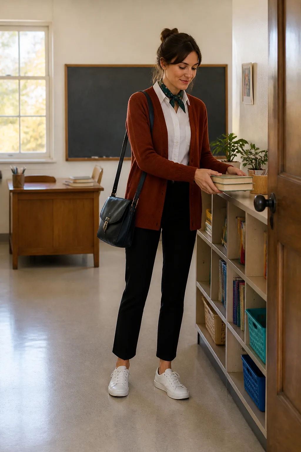 Black Trousers, Rust Cardigan, and Patterned Scarf