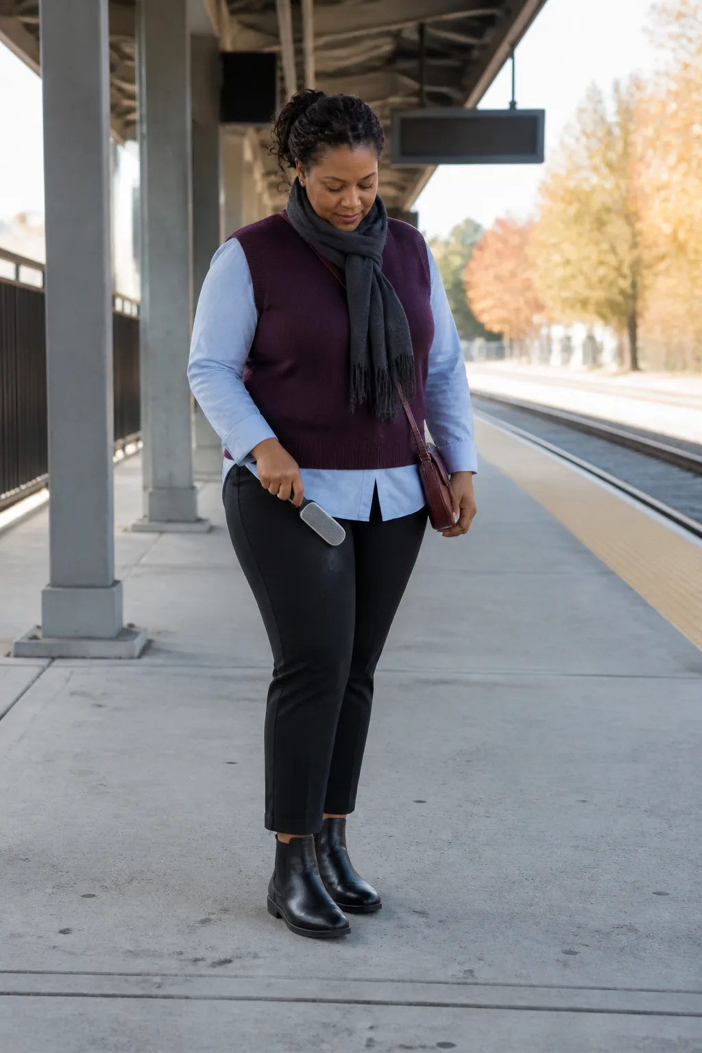 Black Trousers with Plum Knit Vest