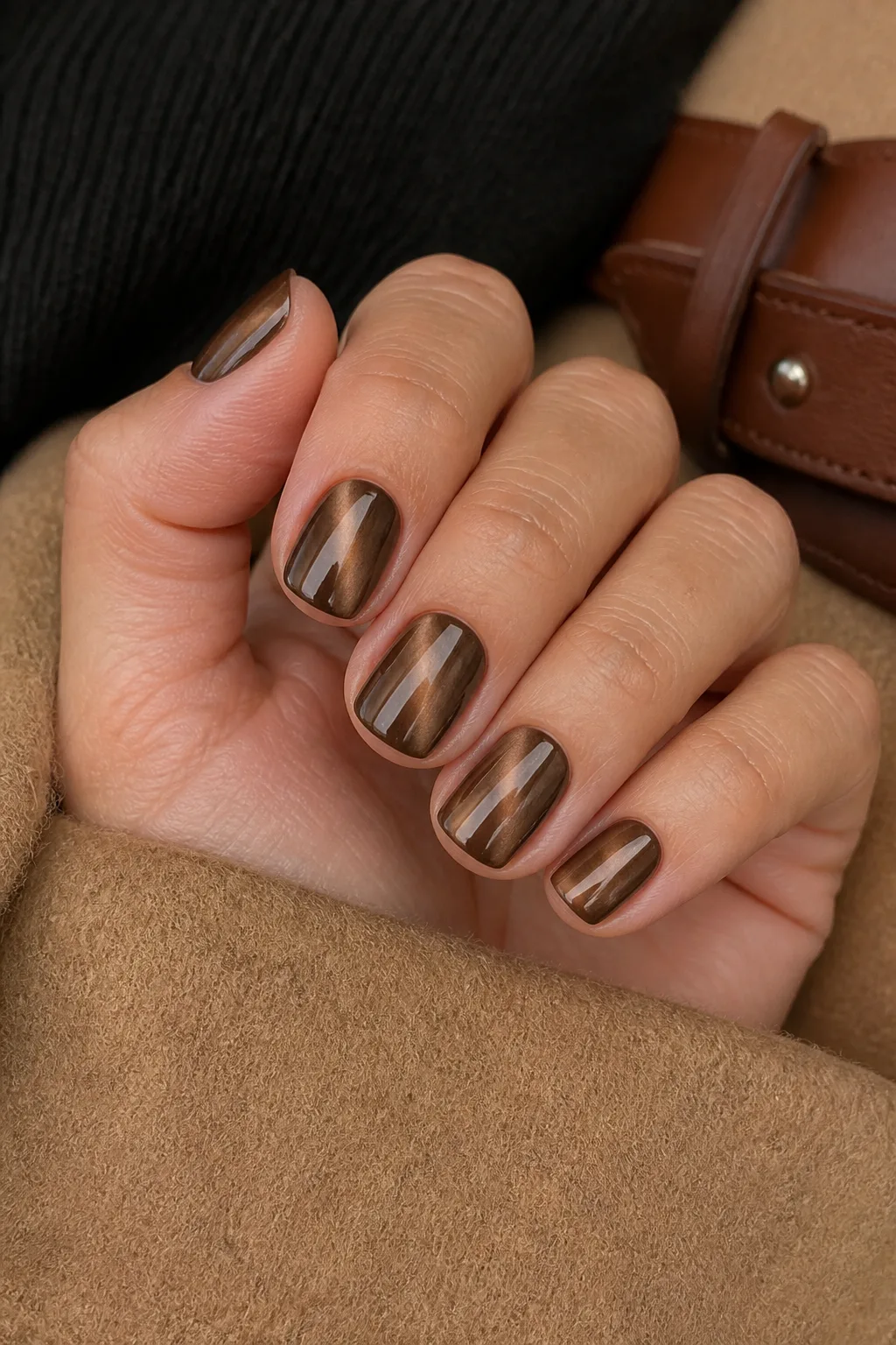 Black Turtleneck and Camel Skirt