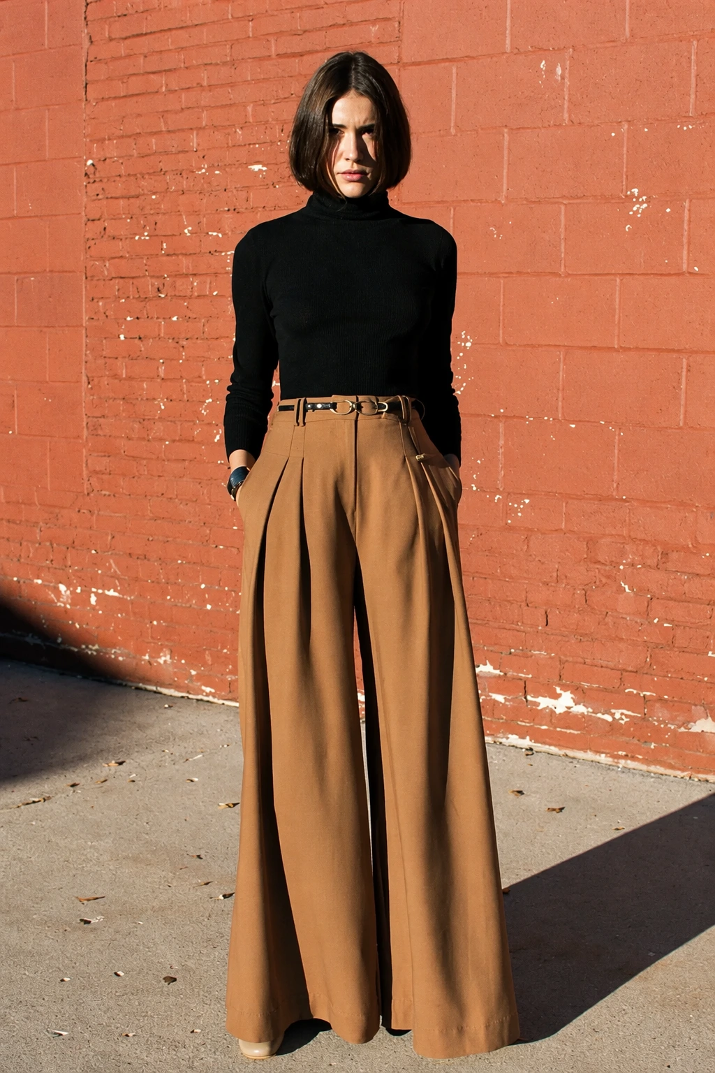 Black Turtleneck + Camel Wide Leg Pants + Gold Belt