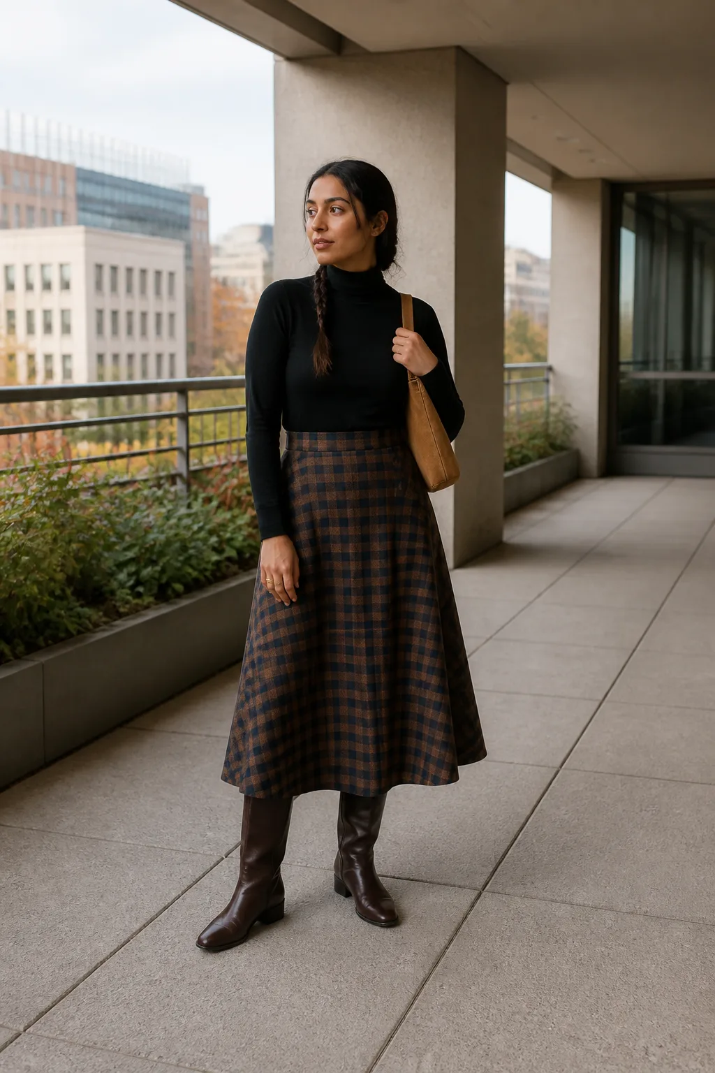 Black Turtleneck, Checked Skirt, and Riding Boots