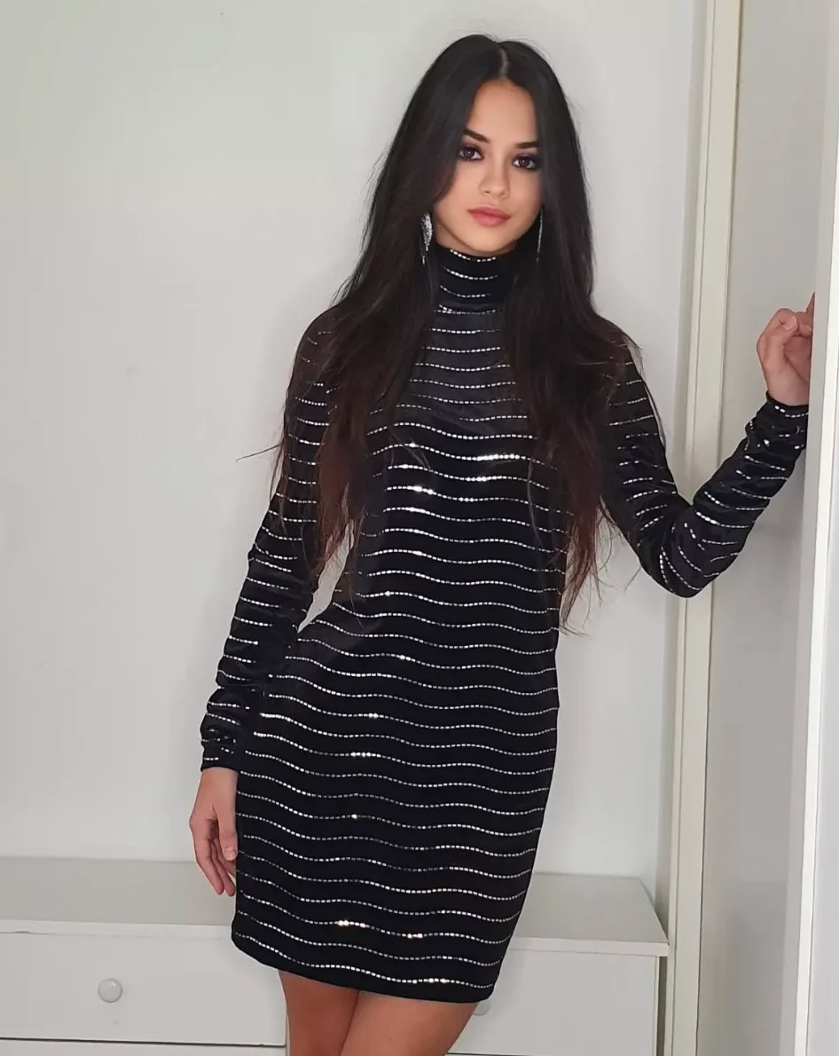 Black Turtleneck Long Sleeve Mini Dress Silver Stripes