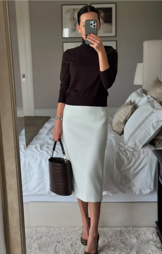 Black Turtleneck Sweater + White Pencil Skirt + Leopard Print Pointed-Toe Heels