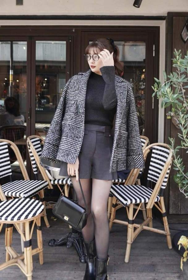 Black Turtleneck Top + Gray Plaid Tweed Blazer + Black High-Waisted Shorts + Black Ankle Boots