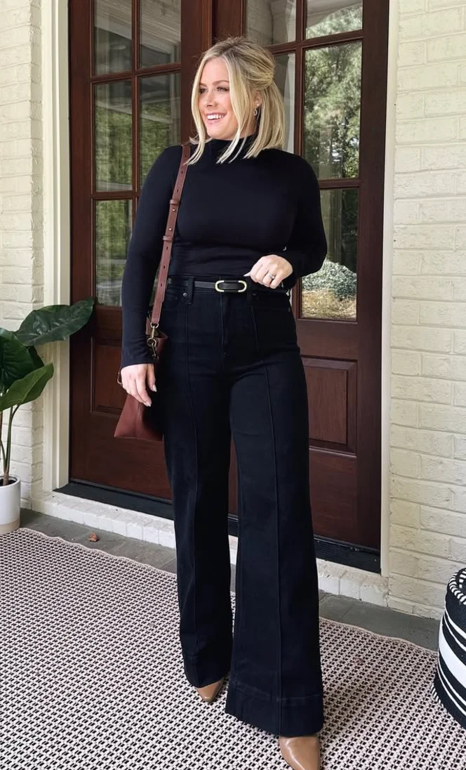 Black Turtleneck + Wide Leg Black Trousers