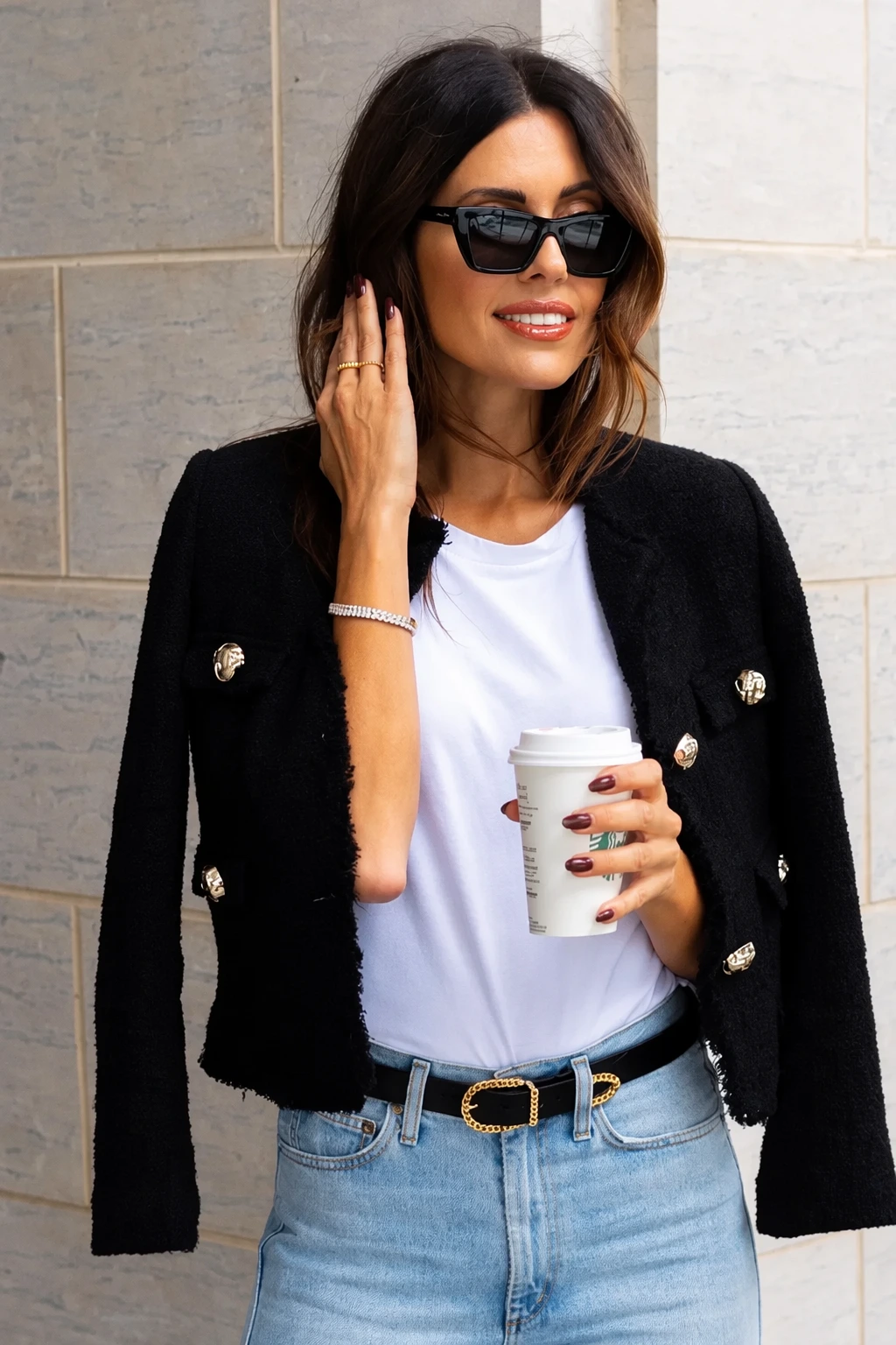 Black Tweed Cropped Jacket + White Crewneck T-Shirt + Light Wash High-Waisted Jeans + Black Leather Belt With Gold Buckle