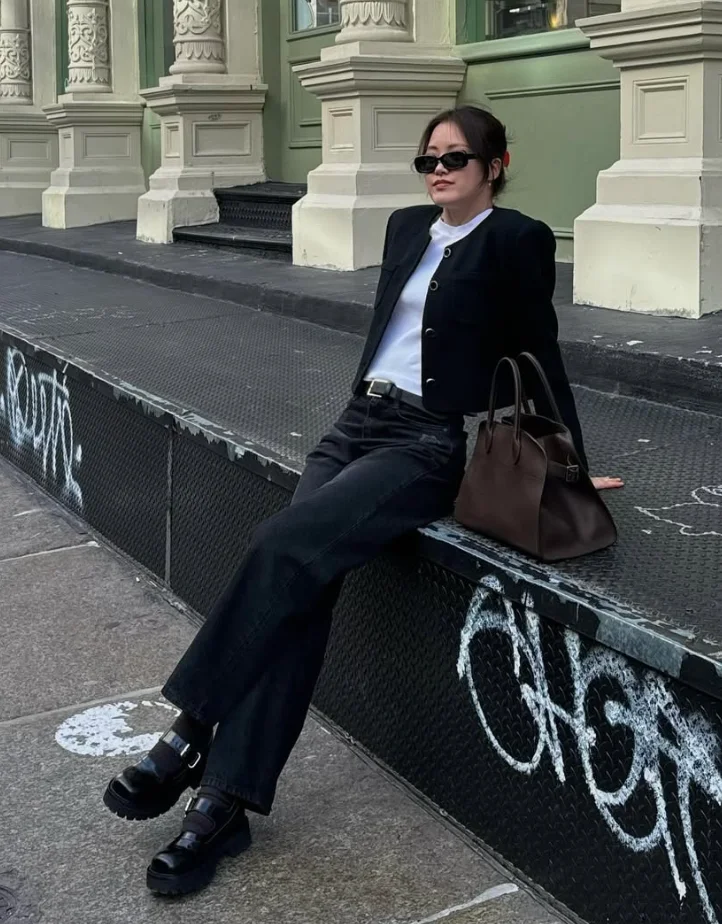 Black Tweed Jacket + White Crew Neck T-Shirt + Black Wide-Leg Jeans + Black Platform Loafers