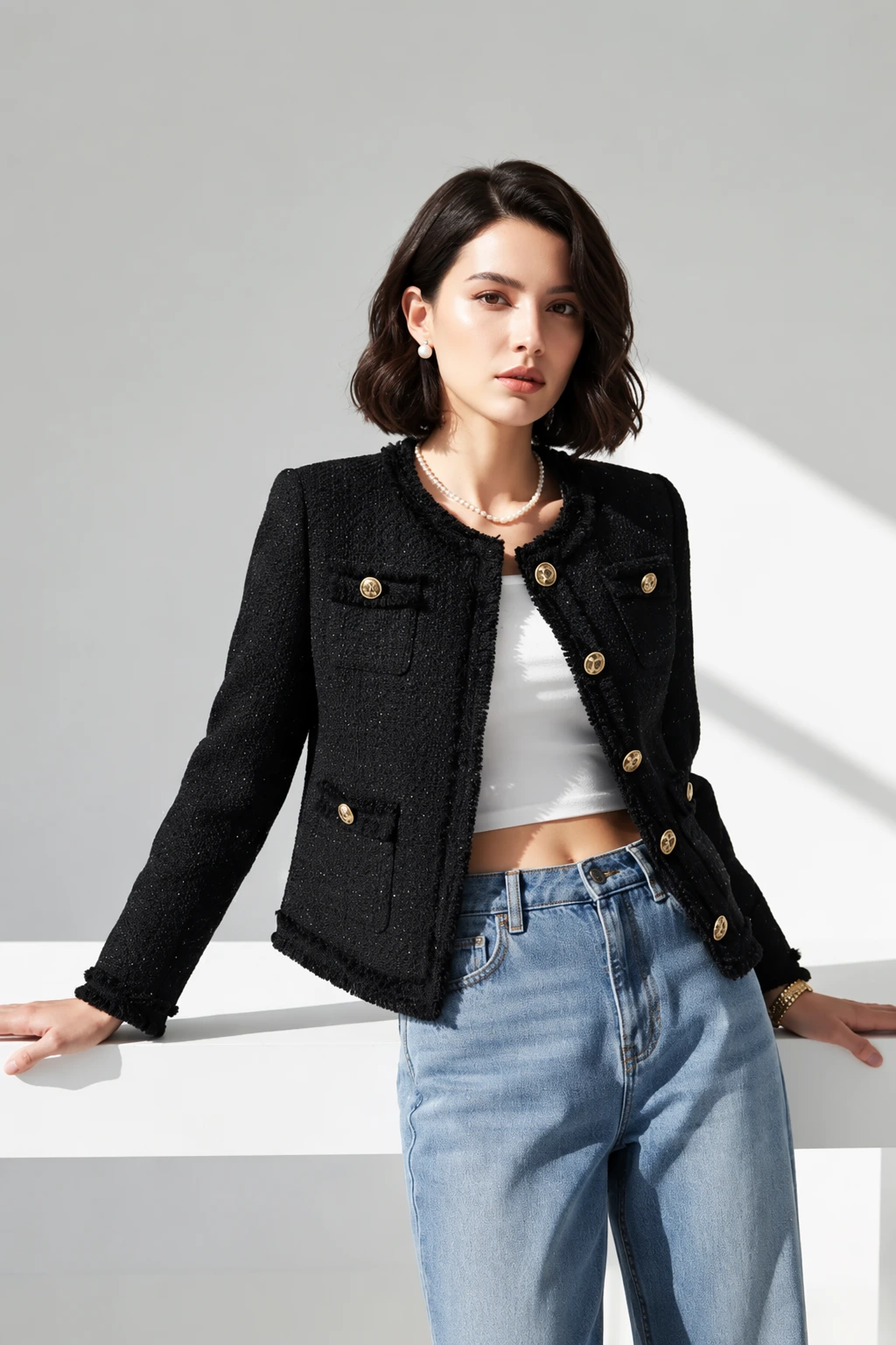 Black Tweed Jacket + White Crop Top + Light Wash Straight-Leg Jeans