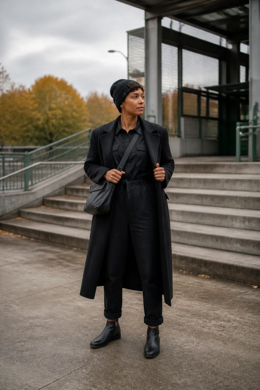 Black Utility Jumpsuit with Wool Coat