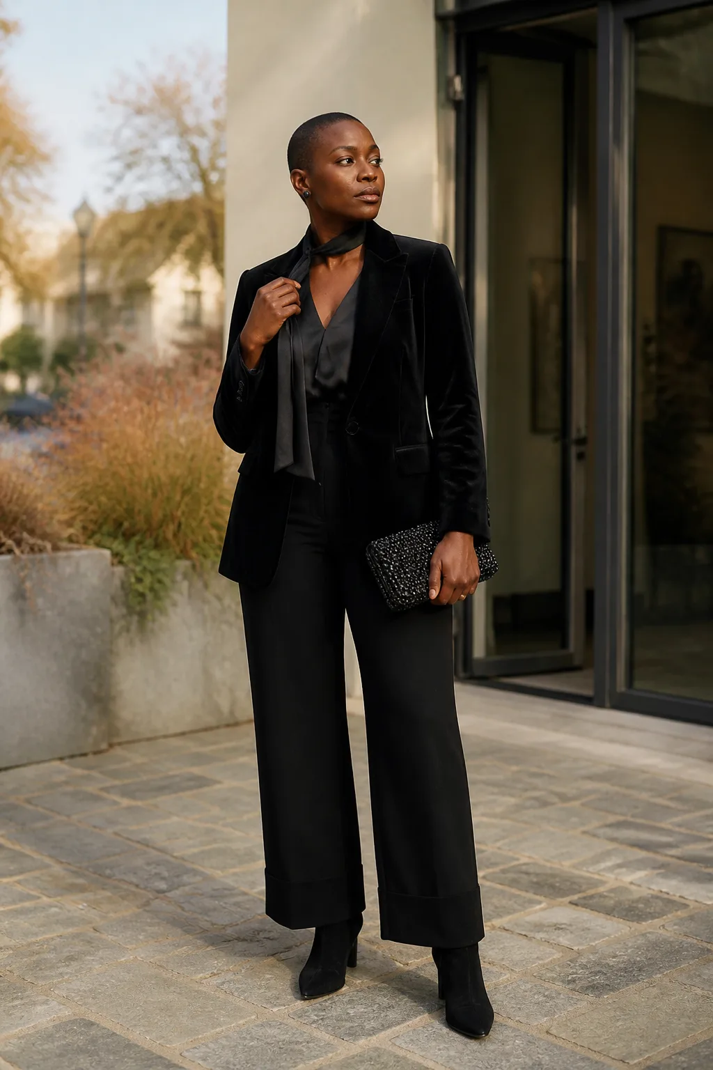 Black Velvet Blazer with Wide-Cuff Trousers