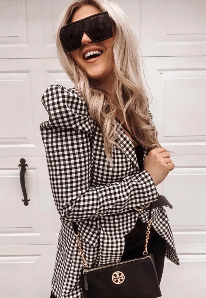 Black White Gingham Puff-Sleeve Blazer + Black Skinny Pants + Black Heeled Ankle Boots