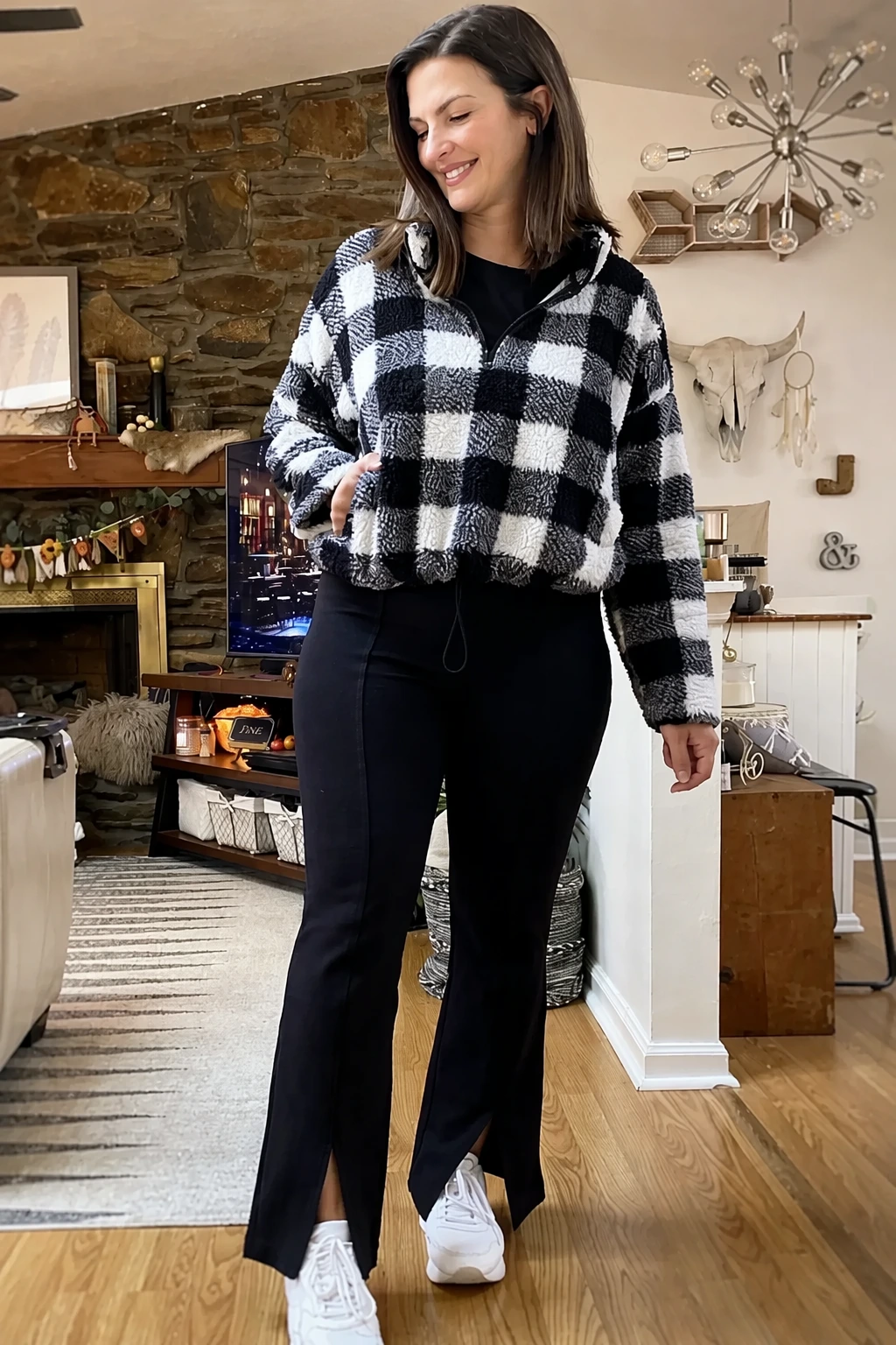 Black White Plaid Pullover + Black Flare Leggings + White Sneakers