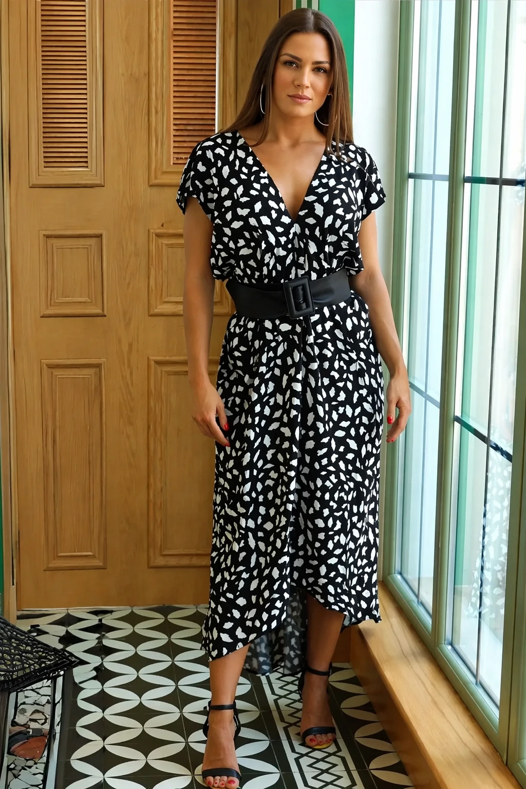 Black & White Print Dress + Statement Circle Belt + Ankle Strap Heels