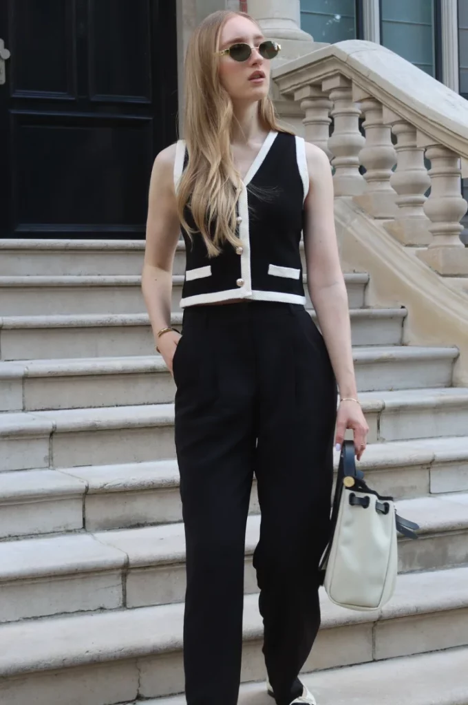 Black White Sleeveless Vest Top + Black Tailored Trousers + Black Flats