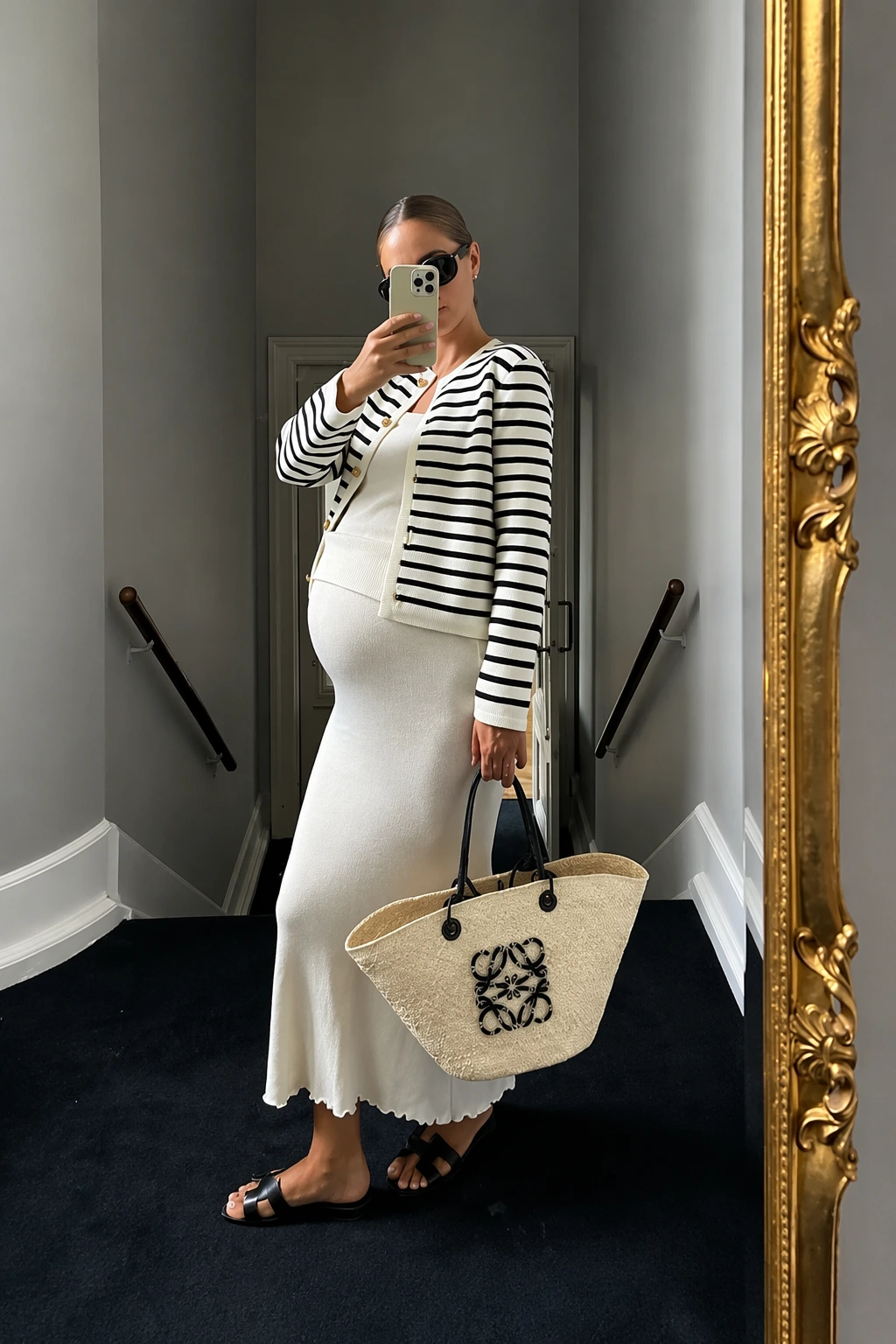 Black White Striped Cardigan + White Ribbed Knit Maxi Dress + Black Sandals