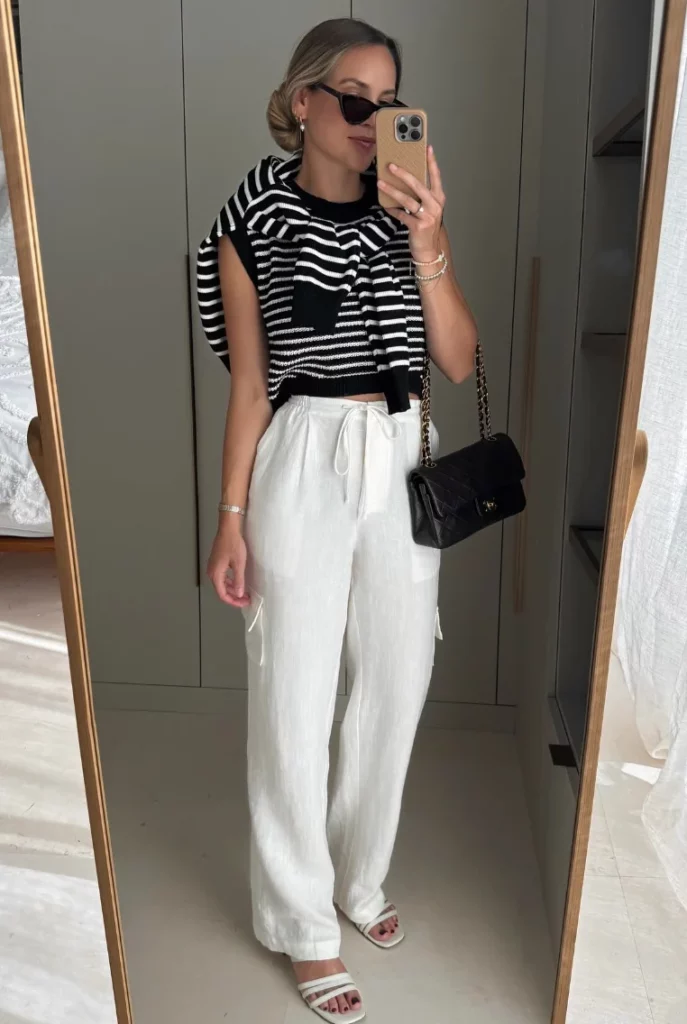 Black White Striped Knit Sweater + White Wide-Leg Linen Pants + White Strappy Sandals