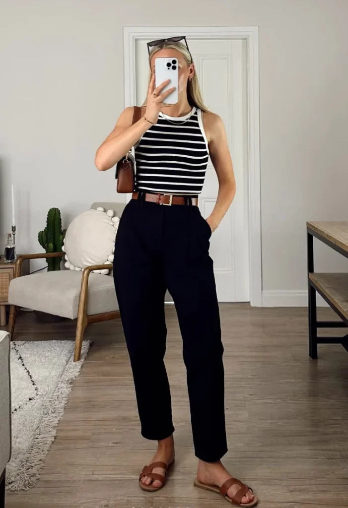 Black White Striped Sleeveless Tank Top + High-Waisted Black Tailored Trousers + Brown Leather Belt + Brown Flat Sandals