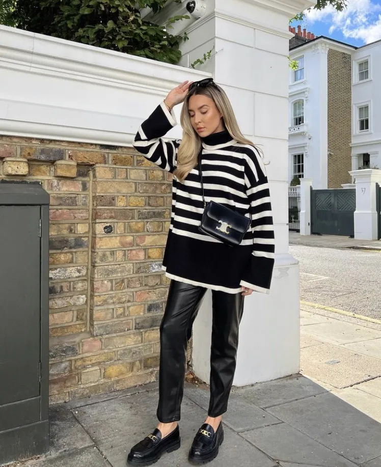 Black White Striped Turtleneck Sweater + Black Leather Trousers + Black Chunky Loafers