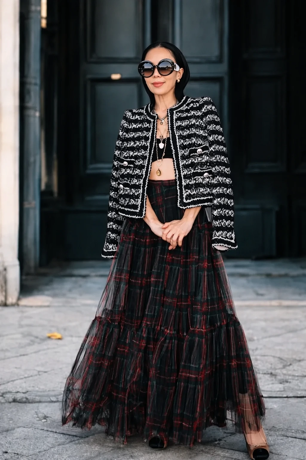 Black White Tweed Jacket + Black Crop Top + Red Black Plaid Tulle Skirt + Black Heeled Shoes