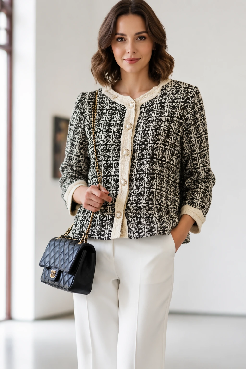 Black White Tweed Jacket + White Straight-Leg Pants