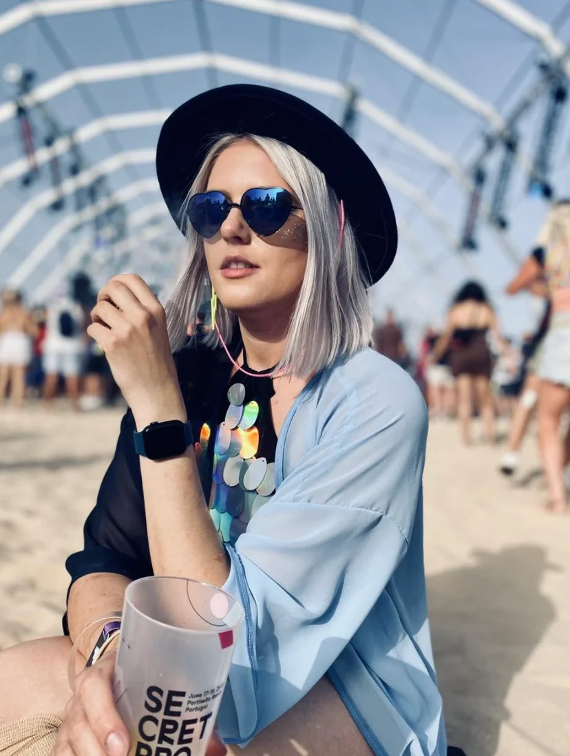 Black Wide-Brim Hat + Black Sheer Kimono + Black Sequin Top + Light Blue Oversized Cover-Up