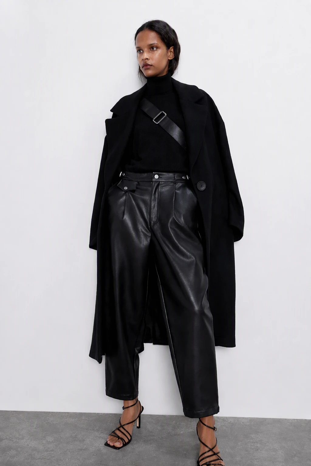 Black Wool Coat + Leather Wide Leg Pants + Strappy Heels