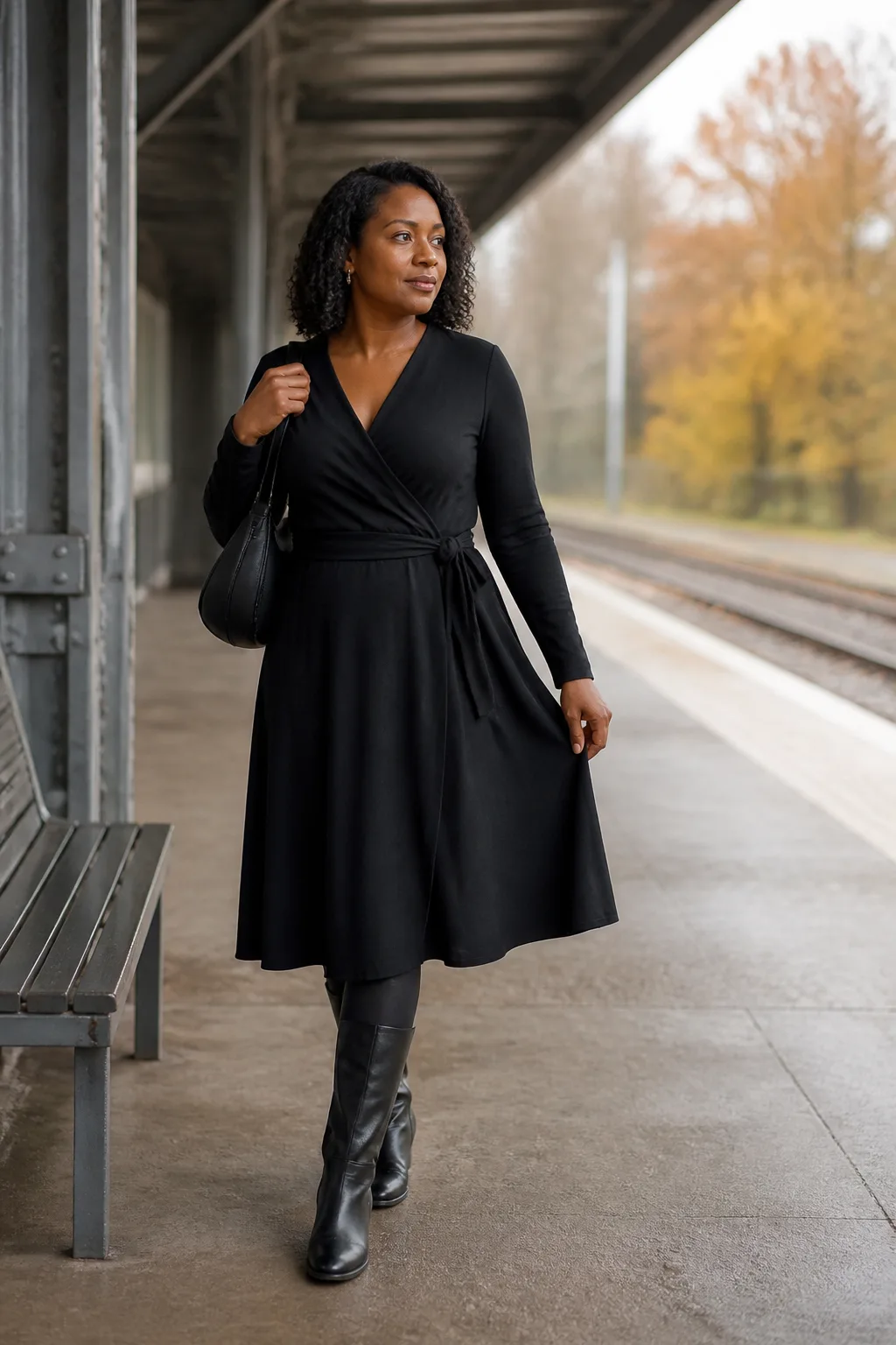 Black Wrap Dress with Tall Riding Boots