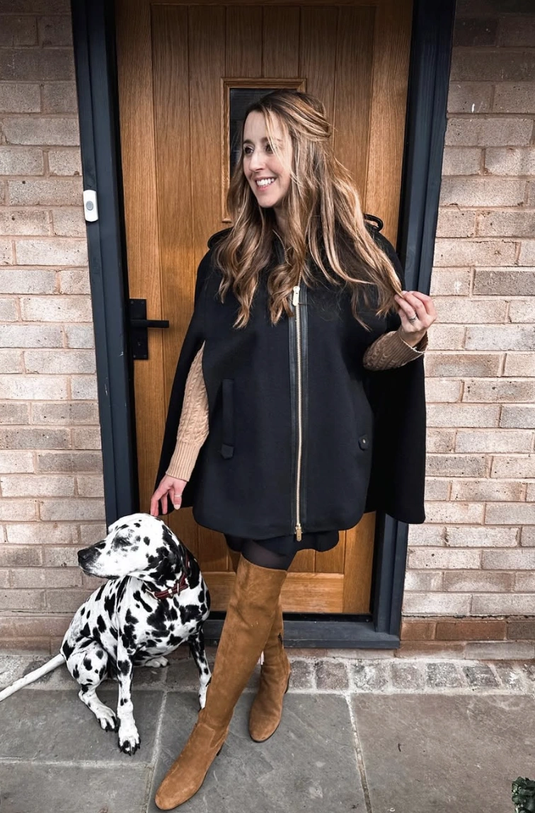 Black Zip-Up Cape + Tan Sweater + Thigh High Boots