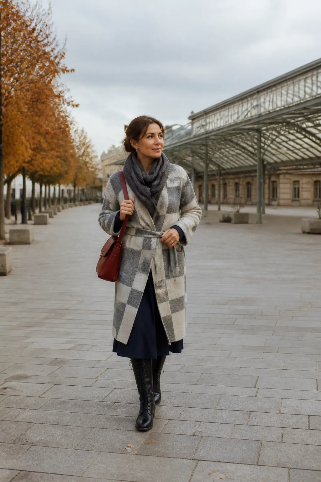 Blanket Coat, Navy Dress and Tall Lace-Up Boots