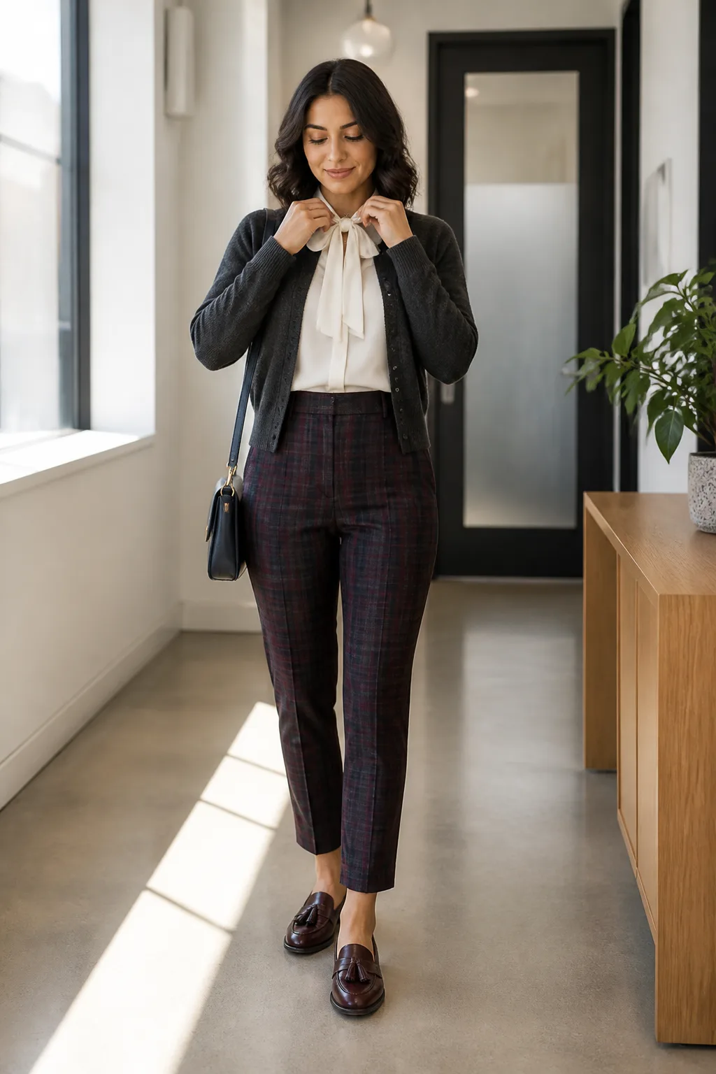 Blouse, Plaid Trousers, and Loafers