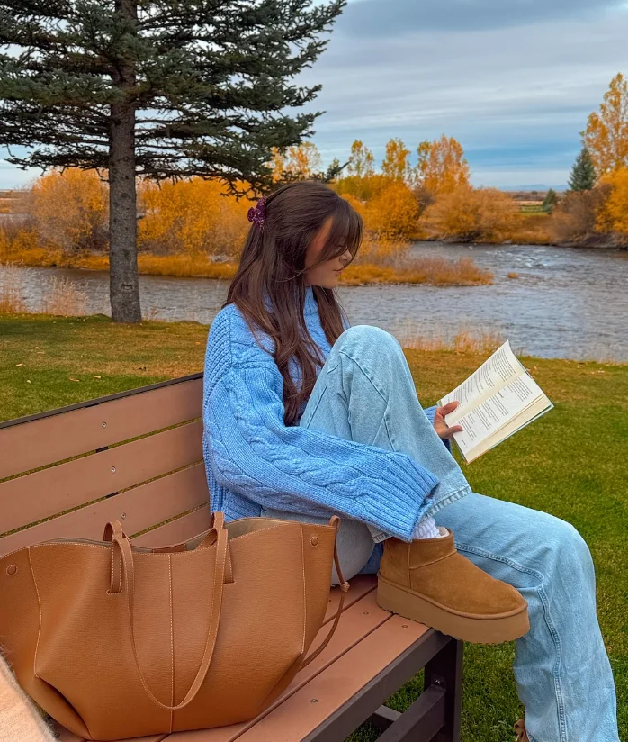 Blue Cable-Knit Sweater + Light Wash Straight-Leg Jeans + Brown Ugg Boots