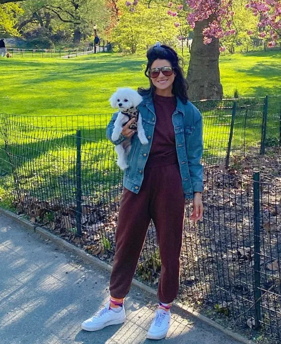 Blue Denim Jacket + Burgundy Sweatshirt + Burgundy Jogger Pants + White Sneakers