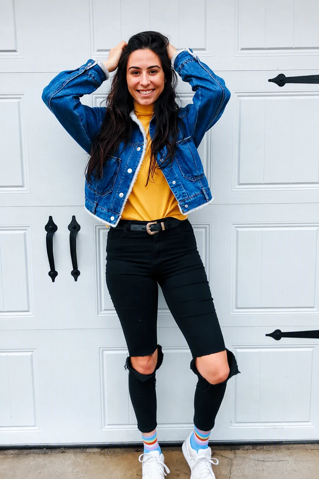 Blue Denim Jacket + Mustard Yellow T-Shirt + Black Skinny Jeans + White Low-Top Sneakers
