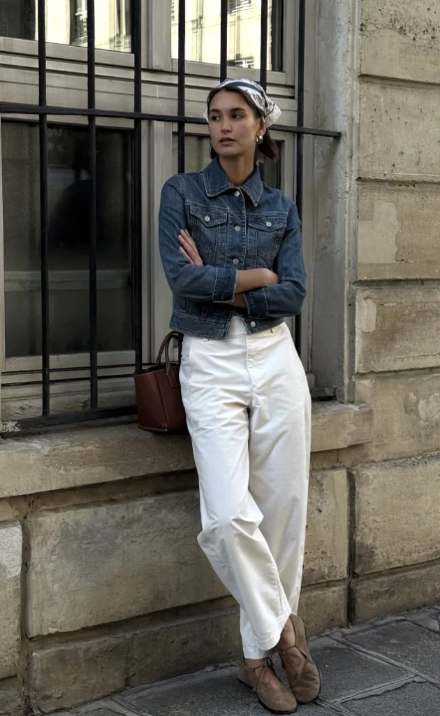 Blue Denim Jacket + White Cropped Trousers + Patterned Head Scarf + Brown Loafers
