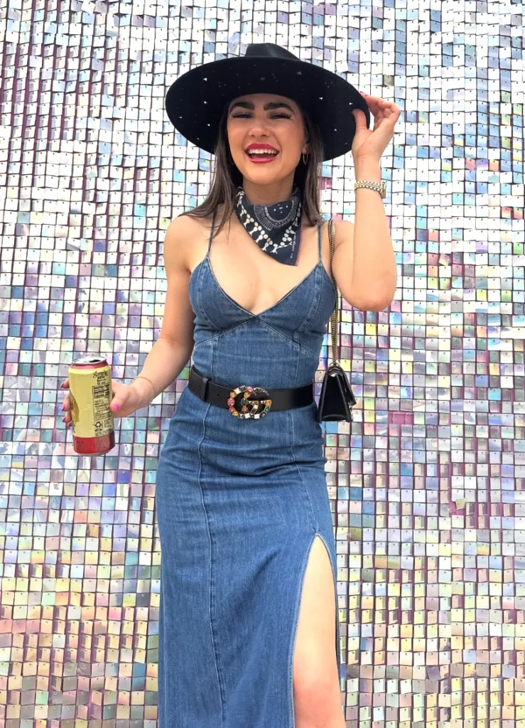 Blue Denim Maxi Dress With Slit + Black Wide-Brim Hat + Blue Bandana Scarf + Black Embellished Belt