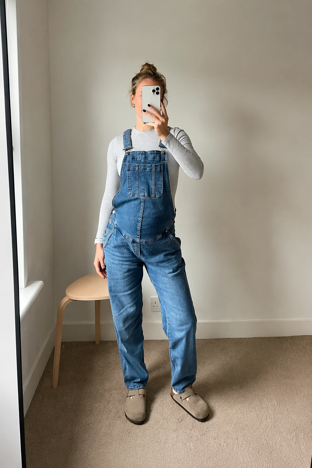 Blue Denim Overalls + Light Gray Long Sleeve Top + Tan Clogs
