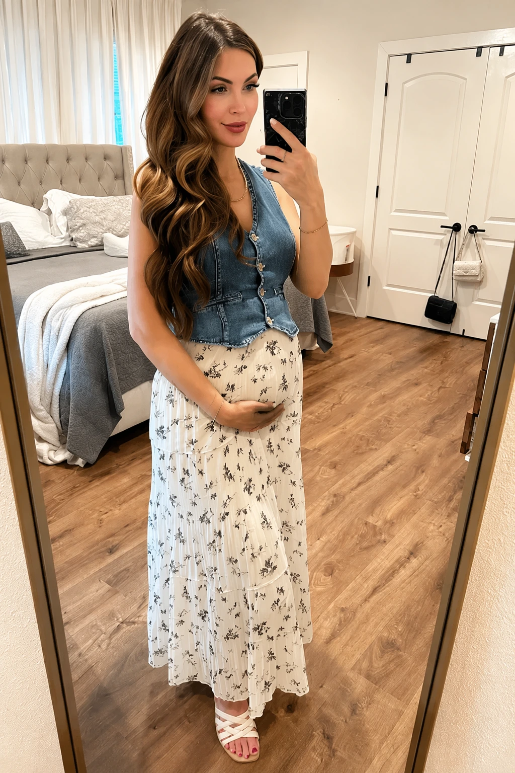 Blue Denim Vest + White Floral Maxi Skirt + White Strappy Sandals