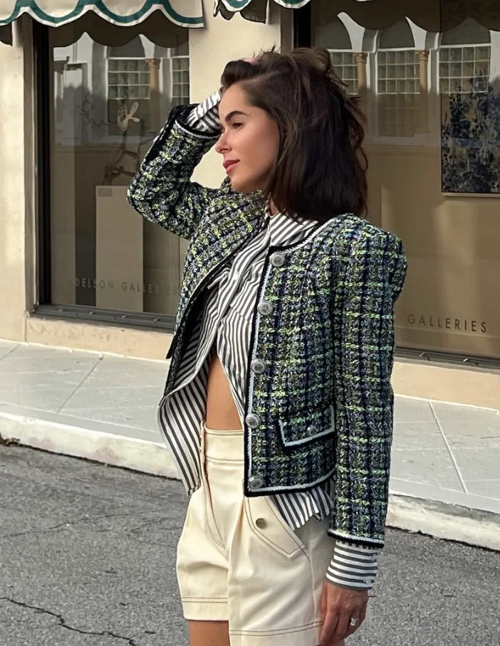 Blue Green Tweed Jacket + Black White Striped Button-Up Shirt + Cream High-Waisted Shorts