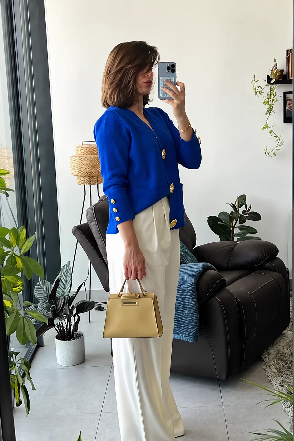 Blue Jacket with Golden Buttons + Wide-Leg White Trousers + Structured Bag