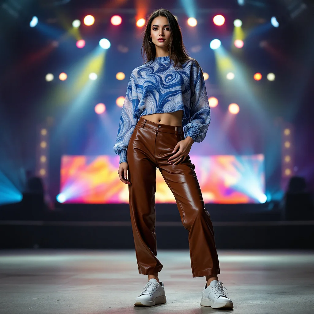 Blue Marble Print Cropped Top + Brown Leather Pants + White Sneakers