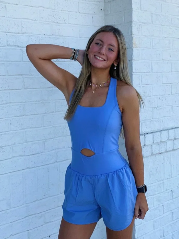 Blue Sleeveless Romper + Layered Delicate Necklace + Silver Hoop Earrings