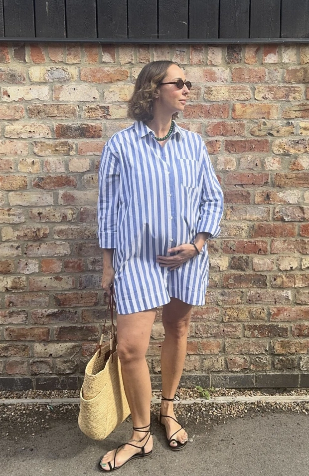 Blue Stripe Shirt Dress + Black Lace-Up Flat Sandals