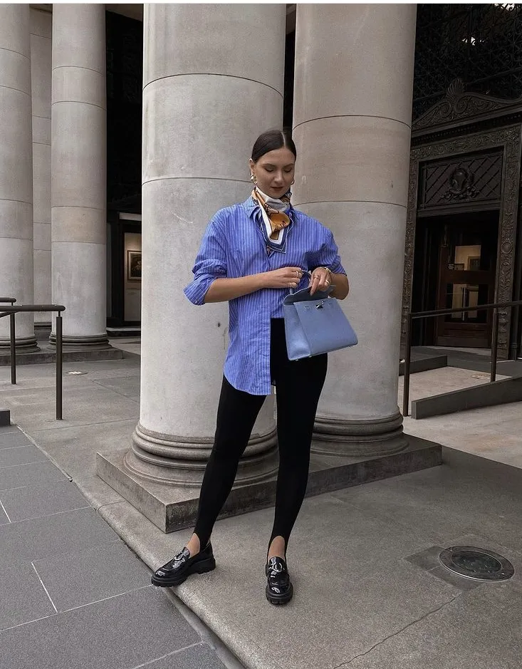 Blue Striped Button-Up Shirt + Black Stirrup Leggings + Black Chunky Loafers + Printed Silk Scarf