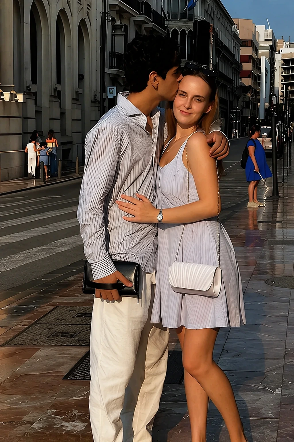 Blue Striped Button-Up Shirt + White Linen Trousers + Light Blue Sundress