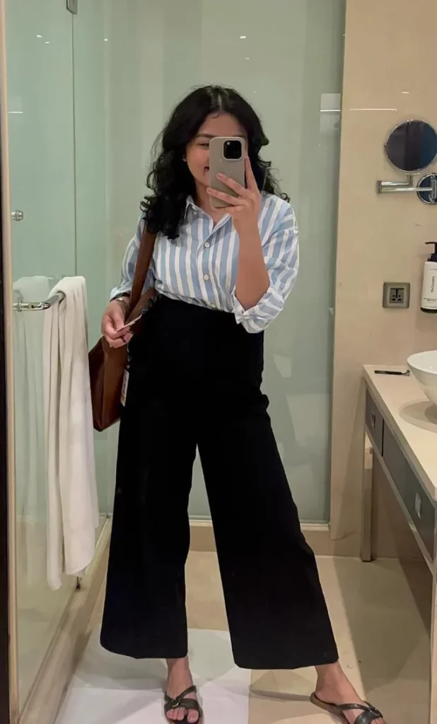 Blue White Striped Button-Down Shirt + Black Wide-Leg Trousers + Black Strappy Flat Sandals