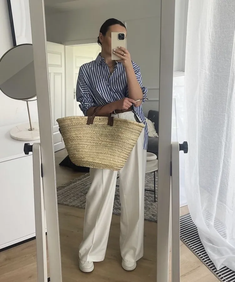 Blue White Striped Button-Down Shirt + Cream Wide-Leg Trousers + White Sneakers