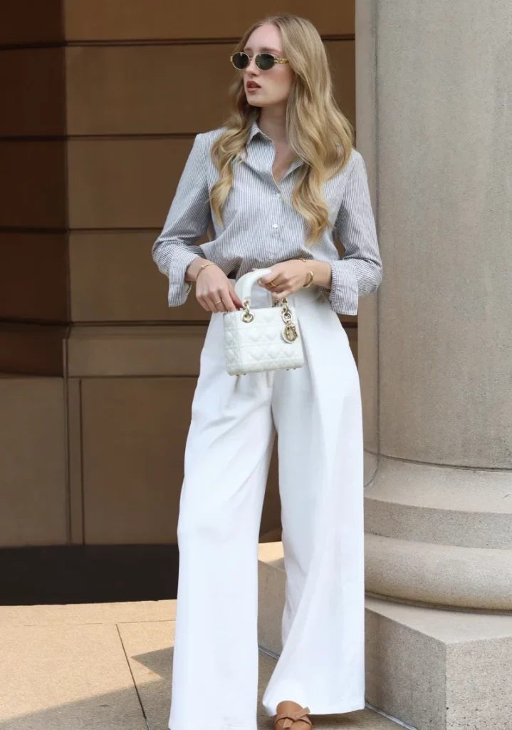Blue White Striped Button-Up Shirt + White Wide-Leg Trousers + Tan Pointed-Toe Heels