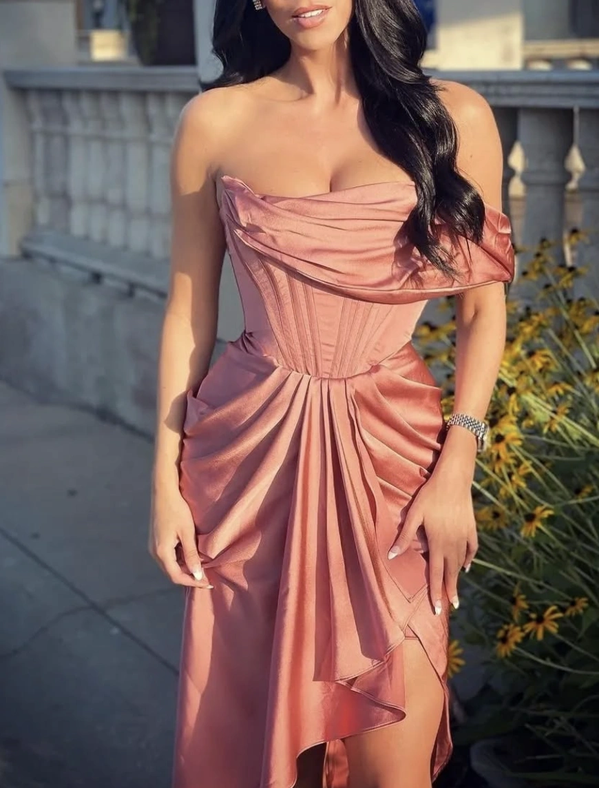 Blush Satin Dress Off-Shoulder Design High Slit
