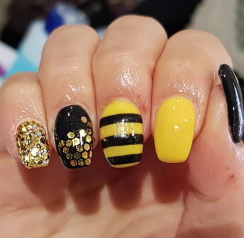 Bold Black and Gold Glitter Bee Statement Nails