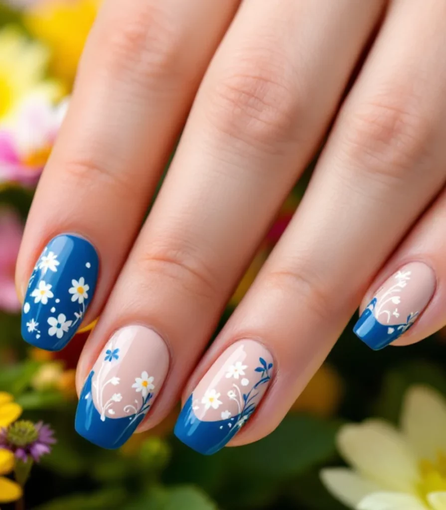 Bold Blue Floral French Acrylic Nails